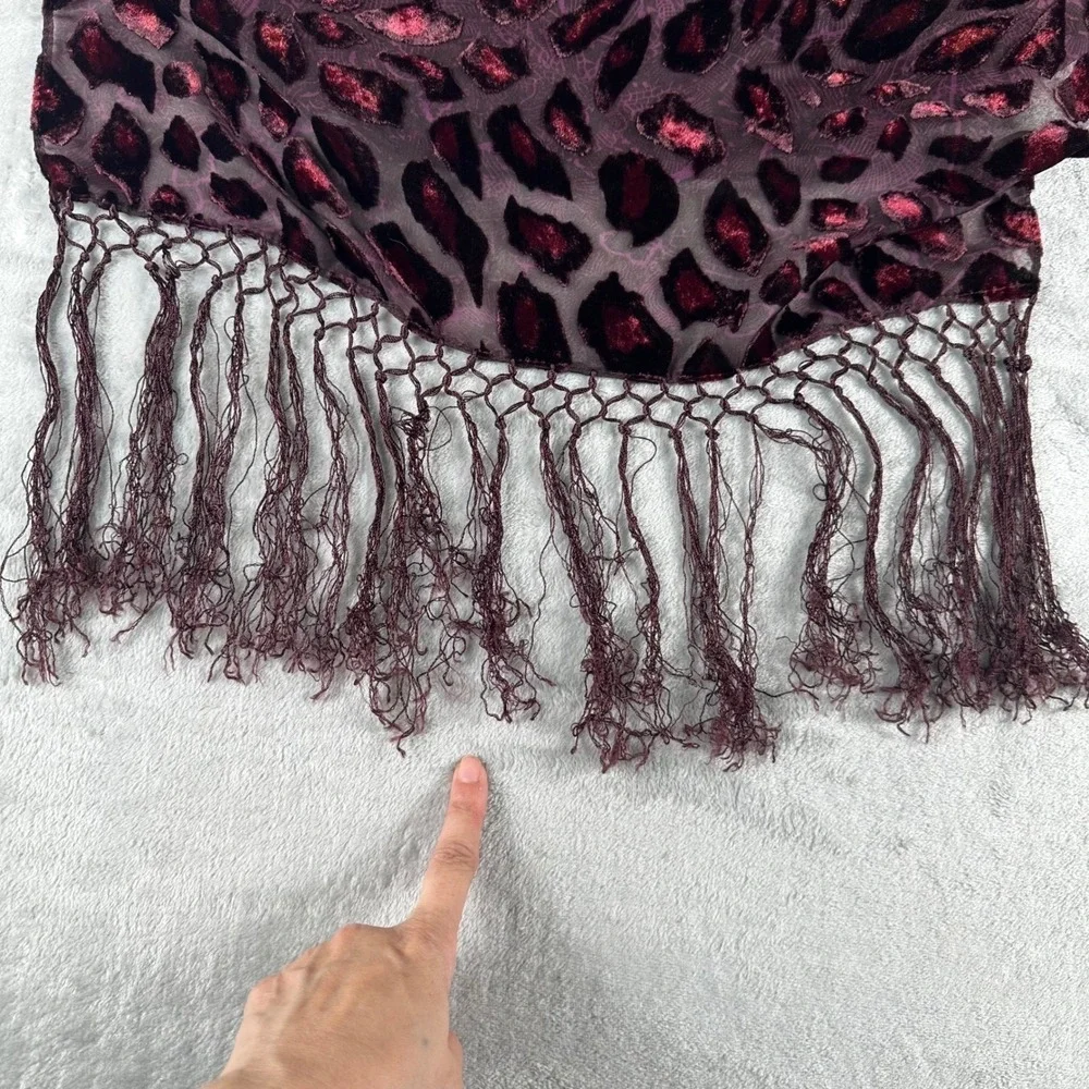 Scarf Women OS Burgundy Devore Burnout Velvet Leopard Print Fringe Wrap Mob Wife